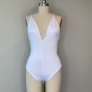 Blue Blush White V-Neck bodysuit